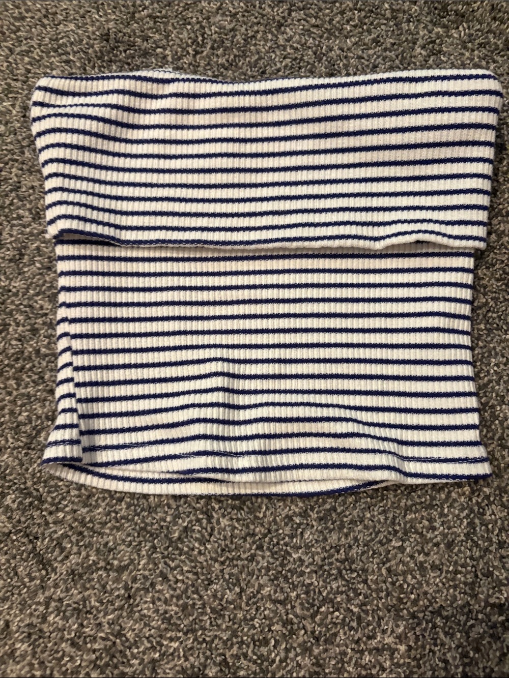 Striped White and Navy Fold-Over Tube Crop Top